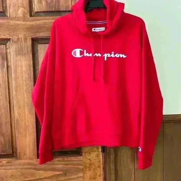 Champion Tops - Champion Red Hooded Sweatshirt With Kangaroo Pockets Size L